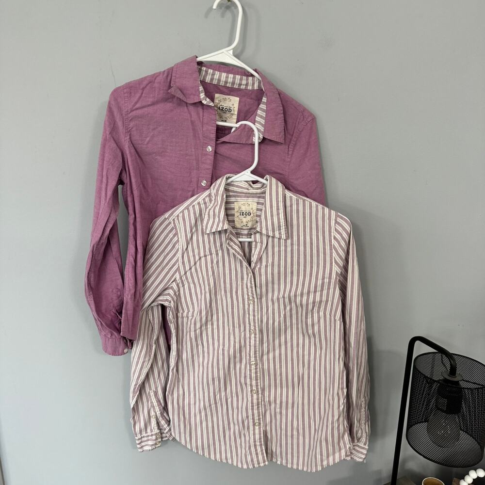 LOT of 2 IZOD Button Down Long Sleeve Tops Women's Size Medium Cotton & Spandex